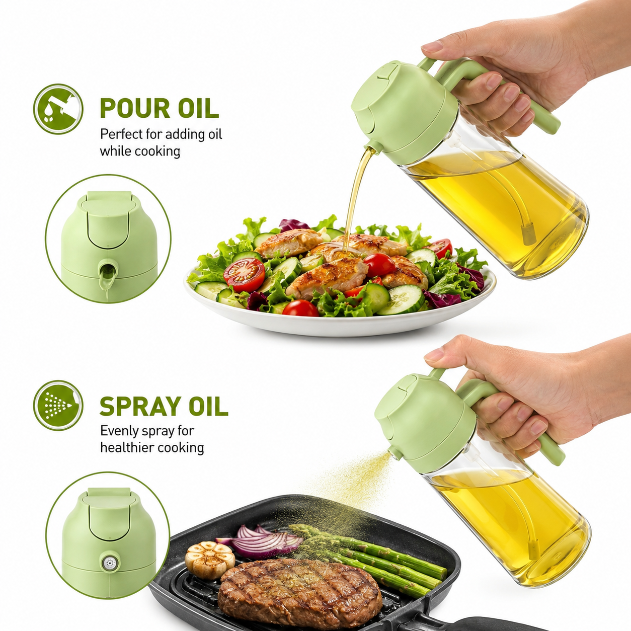 2-in-1 Glass Oil Spray Bottle & Dispenser 450ml | Fine Mist Oil Sprayer for Cooking, Air Fryer, BBQ & Kitchen
