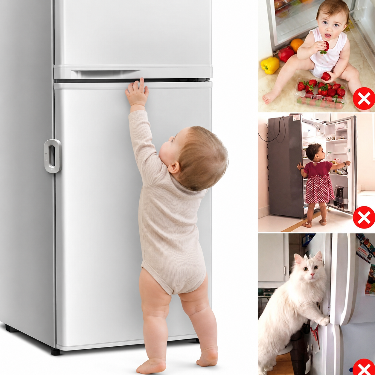 Child Safety Refrigerator Lock – Baby Proof Fridge Door Lock with Double Button | White & Grey